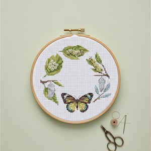 May include: A cross-stitch embroidery hoop featuring a butterfly life cycle design. The design includes a butterfly, caterpillar, chrysalis, and leaves in shades of green, brown, and blue. The wooden hoop is round, and a pair of scissors, thread, and a needle are next to the hoop.