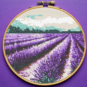 Lavender Fields Cross Stitch Pattern PDF, Beginner Landscape Embroidery, Purple Farm Flower Cross Stitch Chart PDF, Digital Download