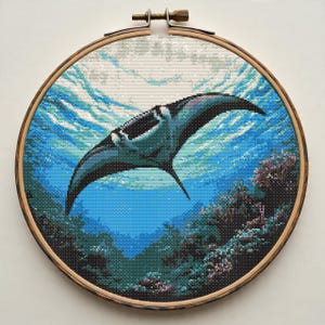 Manta Ray Cross Stitch Pattern PDF, Beginner Underwater Scene Embroidery, Ocean Cross Stitch Chart PDF, Digital Download, Marine Needlework