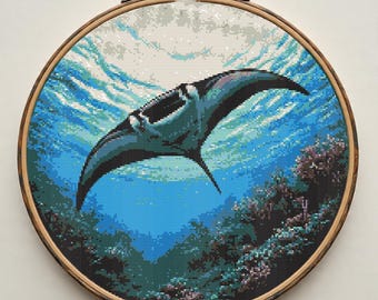 Manta Ray Cross Stitch Pattern PDF, Beginner Underwater Scene Embroidery, Ocean Cross Stitch Chart PDF, Digital Download, Marine Needlework