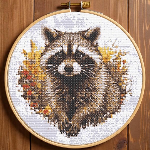 Patrón de mapache realista para punto de cruz (PDF), bordado de animales salvajes para principiantes, bordado con animales, gráfico de mapache para punto de cruz, descarga instantánea