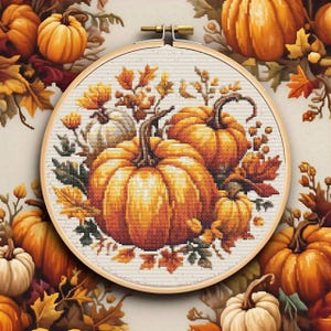 Herfst pompoen kruissteekpatroon, herfstoogst borduurpakket, moderne Thanksgiving-kruissteekkaart pdf, DIY Cottagecore-hoepelkunst