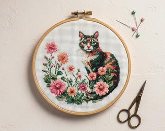 Dahlia Garden Cat Cross Stitch Pattern PDF, Calico Kitten Floral Embroidery, Digital Download Summer Needlework Chart Design