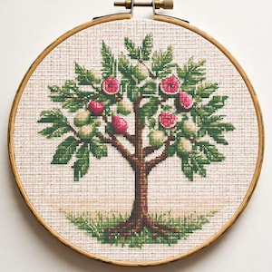 Può includere: Ricamo a punto croce di un albero di fico in un telaio di legno. L'albero presenta un tronco marrone, foglie verdi e fichi maturi nei toni del rosa e del verde. Lo sfondo è un tessuto beige chiaro.