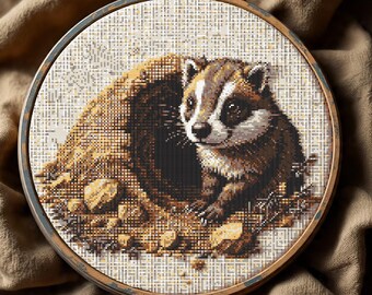 Patrón de punto de cruz de tejón bebé, bordado de animales adorables para principiantes, gráfico de punto de cruz de bosque en PDF, descarga instantánea