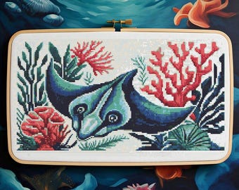 Ocean Cross Stitch Pattern PDF - Manta ray Embroidery Design - Marine Life Needlework Chart - Sea Animals Cross Stitch - Digital Download