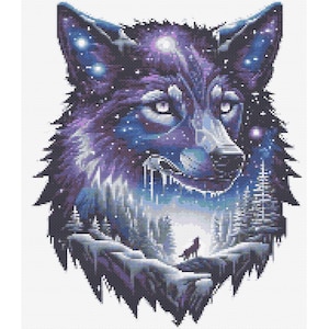 Cosmic Wolf Cross Stitch Pattern, Galaxy Forest Winter Scene Art, Celestial Wolf Spirit Animal Cross Stitch Chart, DIY Embroidery PDF