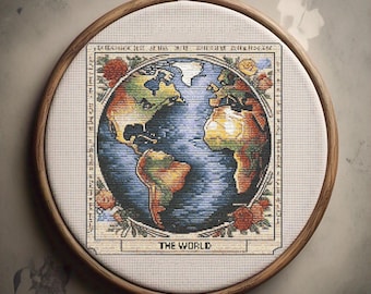 Cross Stitch Pattern 'The World' Tarot card - Nostalgic Tarot - Retro, 90's, Vintage, Gothic, Nostalgia, Tarot Modern Cross Stitch PDF