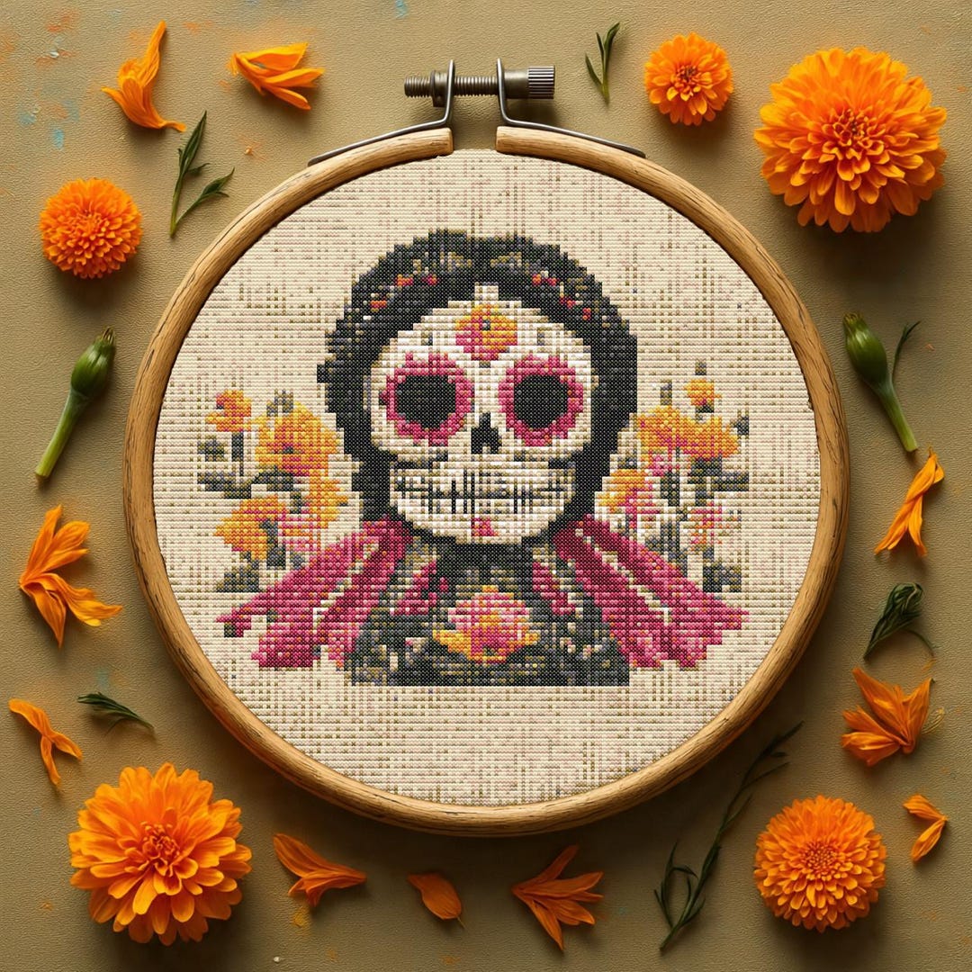 Day of the Dead Skull Flowers Cross Stitch Pattern PDF, Sugar Skull ...