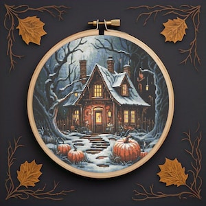 Schema punto croce &quot;Cottage invernale&quot;, Kit ricamo &quot;Casa di Halloween&quot;, Schema punto croce &quot;Scena innevata&quot; in PDF, Ricamo a punto croce con zucca autunnale