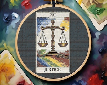 Cross Stitch Pattern 'Justice' Tarot card - Nostalgic Tarot - Retro, 90's, Vintage, Rainbow, Gothic, Tarot Modern Cross Stitch PDF
