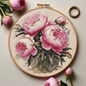 Patrón de punto de cruz de peonía rosa / Kit de bordado floral primaveral, bordado botánico, decoración del hogar Cottage Core, descarga digital