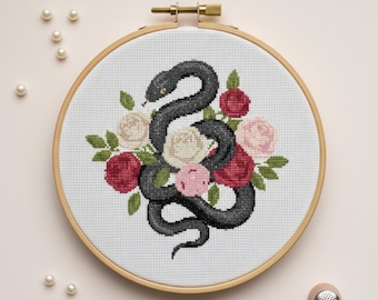 Gotische slang kruissteekpatroon pdf, borduurpakket donkere roos slang, moderne Witchy-kaart, ontwerp mystiek reptiel voor beginners