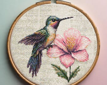 Hummingbird Hibiscus Cross Stitch Pattern PDF, Tropical Bird Flower Embroidery, Pink Bloom Cross Stitch Chart PDF, Digital Download