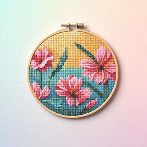Pink Lily Cross Stitch Pattern PDF, Tropical Garden Embroidery, Sunset Gradient Flowers Cross Stitch Chart PDF, Digital Download