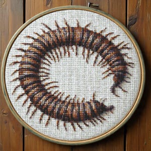 May include: A cross-stitch embroidery of a centipede in shades of brown and black, set in a round wooden hoop. The detailed insect design is centered on a light gray fabric, creating a striking contrast. The wooden hoop adds a rustic touch to the artwork.