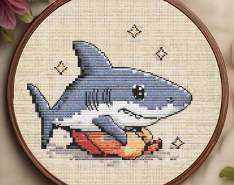 Cute Shark Cross Stitch Pattern, Ocean Animal Embroidery, Modern Cute Beach Decor | Beginner Friendly Digital Download