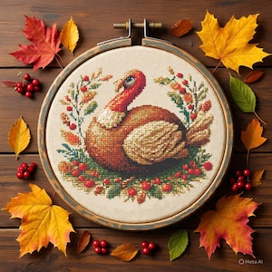 Thanksgiving Turkey Cross Stitch Pattern PDF, Fall Harvest Embroidery Design, Holiday Autumn Flowers Counted Cross Stitch Chart