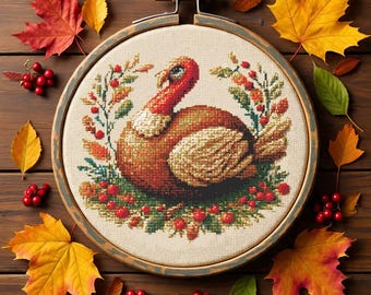 Thanksgiving Turkey Cross Stitch Pattern PDF, Fall Harvest Embroidery Design, Holiday Autumn Flowers Counted Cross Stitch Chart
