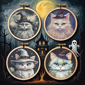 Set of 4 Witch Cats Cross Stitch Patterns, Mini Modern x-stitch Pattern,Kitten Cross Stitch Chart, Cat Lover Pattern, Instant Download PDF