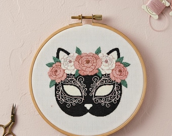 Masquerade Cat Cross Stitch Pattern, Beginner Mask Feline Embroidery PDF, Carnival Floral Cat Chart, Gothic Pet Art, Digital Download