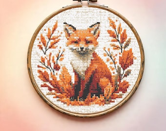 Patrón de punto de cruz de zorro otoñal, bordado de zorro naranja para principiantes, gráfico de punto de cruz de animales del bosque otoñal en PDF, descarga instantánea