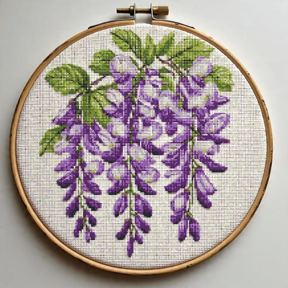 藤の枝のクロスステッチ図案PDF、初心者向け垂れ下がった紫の花の刺繍