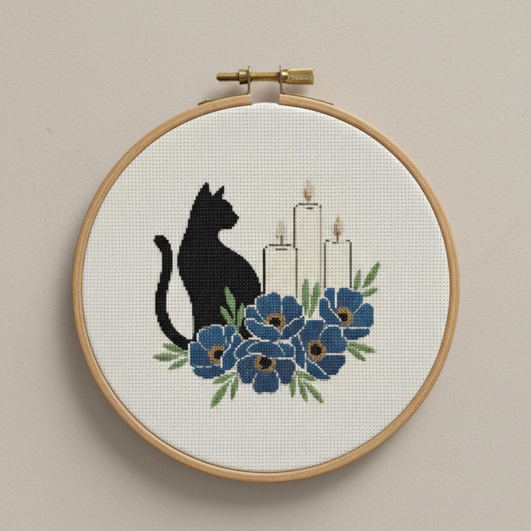 Witchy Cat Cross Stitch Pattern PDF, Candle Magic Feline Embroidery ...