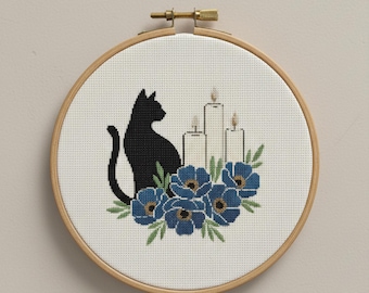 Hexen Katze Kreuzstich Stickmuster PDF, Kerzen Magie Feline Stickerei, Gothic Katze Ritual Chart, Halloween Haustier Kunst, digitaler Download