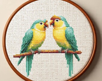 Lovebirds Kreuzstichmuster PDF, zwei Vögel Stickerei, Papageien Vogel Kreuzstichvorlage, Instant Download
