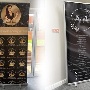 Banner enrollable / Banner con logotipo / Banner comercial / Banner emergente / Letrero con logotipo / Banner desplegable / Suministros para pequeñas empresas