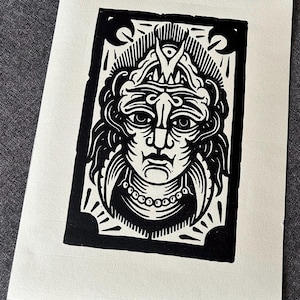 Woman.Demon - Handmade linoprint on handmade paper with oil based ink. Signed print.