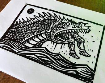 Monster Linocut Print – Handmade Paper Artwork, Signed Ink Art