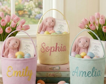Personalized Seersucker Easter Basket, Embroidered Name Easter Basket for Kids, Custom Easter Egg Hunt Basket