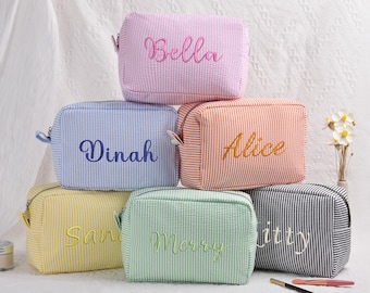 Monogrammed Toiletry Bag, Embroidered Seersucker Cosmetic Bag,  Custom Travel Makeup Bag,Bridal Party Gifts,Bridal Shower Gift, Wedding Gift