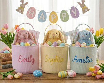 Canasta de Pascua bordada para niños, canasta de Pascua con nombre personalizado, canasta de búsqueda de huevos de Pascua personalizada