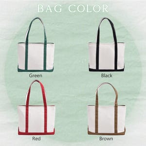 May include: Four white tote bags with coloured trim and handles are displayed. The bags are trimmed in green, black, red, and brown. The text "BAG COLOR" is at the top of the image.