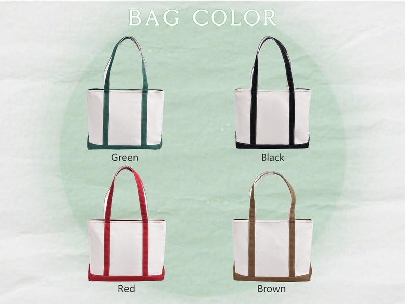 May include: Four white tote bags with coloured trim and handles are displayed. The bags are trimmed in green, black, red, and brown. The text "BAG COLOR" is at the top of the image.