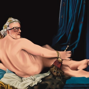 May include: A painting of a person reclining on a blue and gold couch. The person is wearing a white turban and glasses. The person's back is turned to the viewer. The person's right arm is extended and holding a small object. The background is a dark blue curtain.