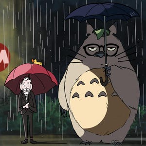 May include: Illustration of two characters under umbrellas in the rain. One is a large, gray, cat-like creature wearing glasses and holding a dark umbrella. The other is a man in a suit under a pink umbrella with a rubber duck on top.