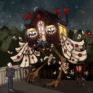 Op de afbeelding: Een cartoonillustratie van een huis met grote ogen en een persoon die erin zit. Het huis staat op twee grote, geklauwde poten die bedekt zijn met stapels papiergeld. Het huis is omgeven door een sterrenhemel en een paar rode ballonnen.