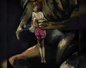 Taskmaster die zijn assistent knuffelt // Op Goya geïnspireerde taskmaster-schilderij // Greg Davies en Alex Horne