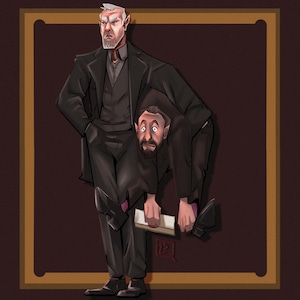 May include: Two men in black suits, one standing and the other crouching, with a serious expression on their faces. The man standing has white hair and a beard, while the man crouching has a beard and a surprised expression.