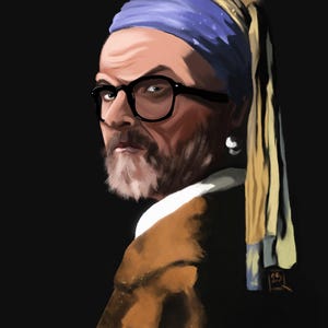 Może przedstawiać: Cyfrowy obraz osoby noszącej niebiesko-żółty chustkę z perłową kolczykiem. Osoba nosi okulary i ma brodę. Tło jest czarne.