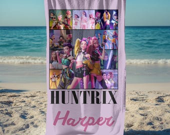 Personalized Kpop Huntrix Girls Beach Towels,Cute Anime Art with Name Bath Towel,Kpop Demon Hunters Beach Towels for Kids,Anime Girl Towels