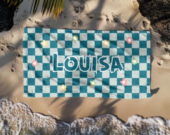 Personalized Floral Checkered Beach Towel with Name,Retro Vintage Custom Pool Towel,Trendy Checkered Bath Towel,Bachelorette Bridesmaid Gift