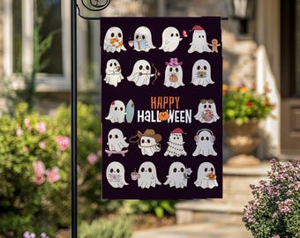 May include: A Halloween garden flag featuring a dark purple background with multiple cartoon ghosts in various costumes and accessories. The words "HAPPY HALLOWEEN" are in orange and white. The flag is hanging on a black metal pole.