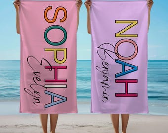 Personalized Kids Name Beach Towel,Custom Pool Party Favor Monogrammed Gift,Beach Party Gift for Teens,Colored Kids Towel,Tween Beach Towel