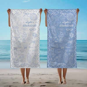 Personlig strandhandduk till möhippa, matchande handdukar till möhippa, anpassad poolhandduk med namn och plats, presenter till strandresor bild 1
