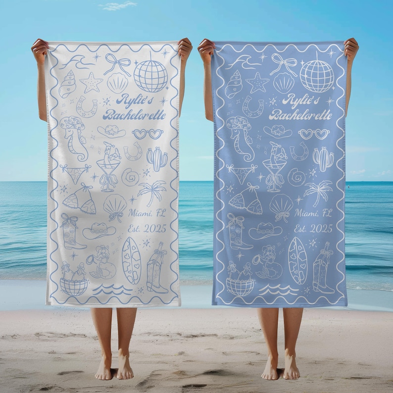 Personlig strandhandduk till möhippa, matchande handdukar till möhippa, anpassad poolhandduk med namn och plats, presenter till strandresor bild 1